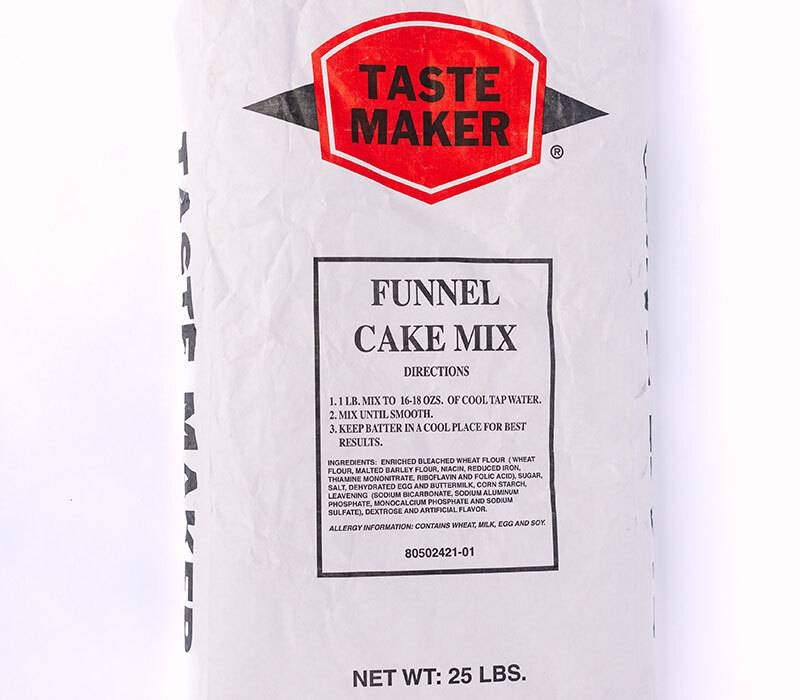 White bag of funnel cake mix with red 'Taste Maker' logo at the top